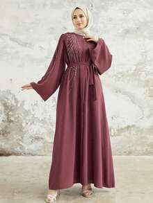 Wine Red Rhinestone Belt Muslim Long Sleeve Full Skirt Dress - Lotus Root Starch - View 10