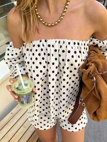 Women's Black & White Polka Dot Off-Shoulder Lantern Sleeve Loose Top And Elastic Waist Shorts 2-Piece Set, Suitable For Beach, Vacation, Summer, Valentine's Day, Beach Party, Travel, Daily Wear, Hangout With Friends - Black and White - View 7