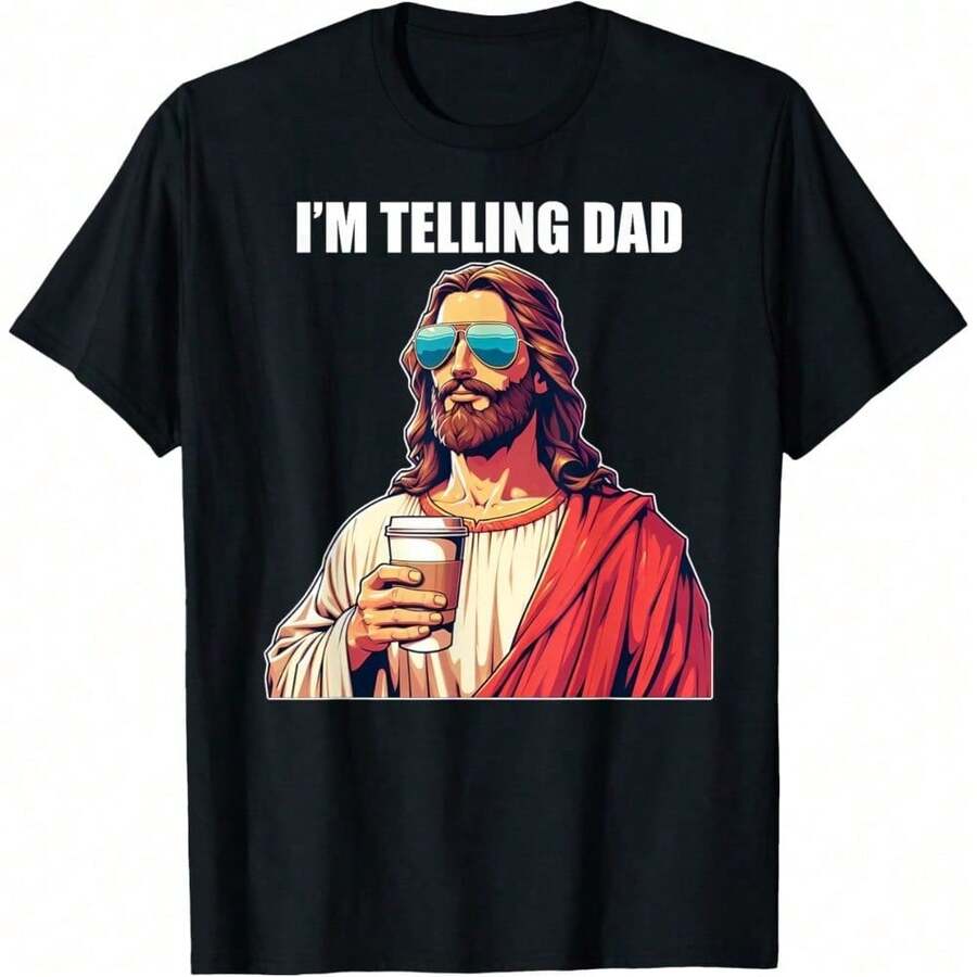 I'm Telling Dad Funny Christian Religious Jesus Meme T-Shirt, Oversized Short Sleeve T-Shirt, Classic Heavy Cotton Graphic Print, Women's Casual Short Sleeve Top. - Back - View 1