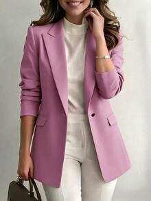 Women's Solid Color Long Sleeve Blazer With Pockets, Casual Business Lapel Jacket, Suitable For Work, Home, Autumn/Winter/Spring, Versatile Office Outerwear - Rusty Rose - View 7