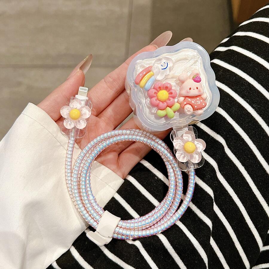5pcs/Set Cute Rabbit Star Rainbow Charger Protective Cover Set Compatible With UK 20W, Data Cable Cord Protector Shell, Cable Tube Sleeve - Pink Flower Bunny - View 1