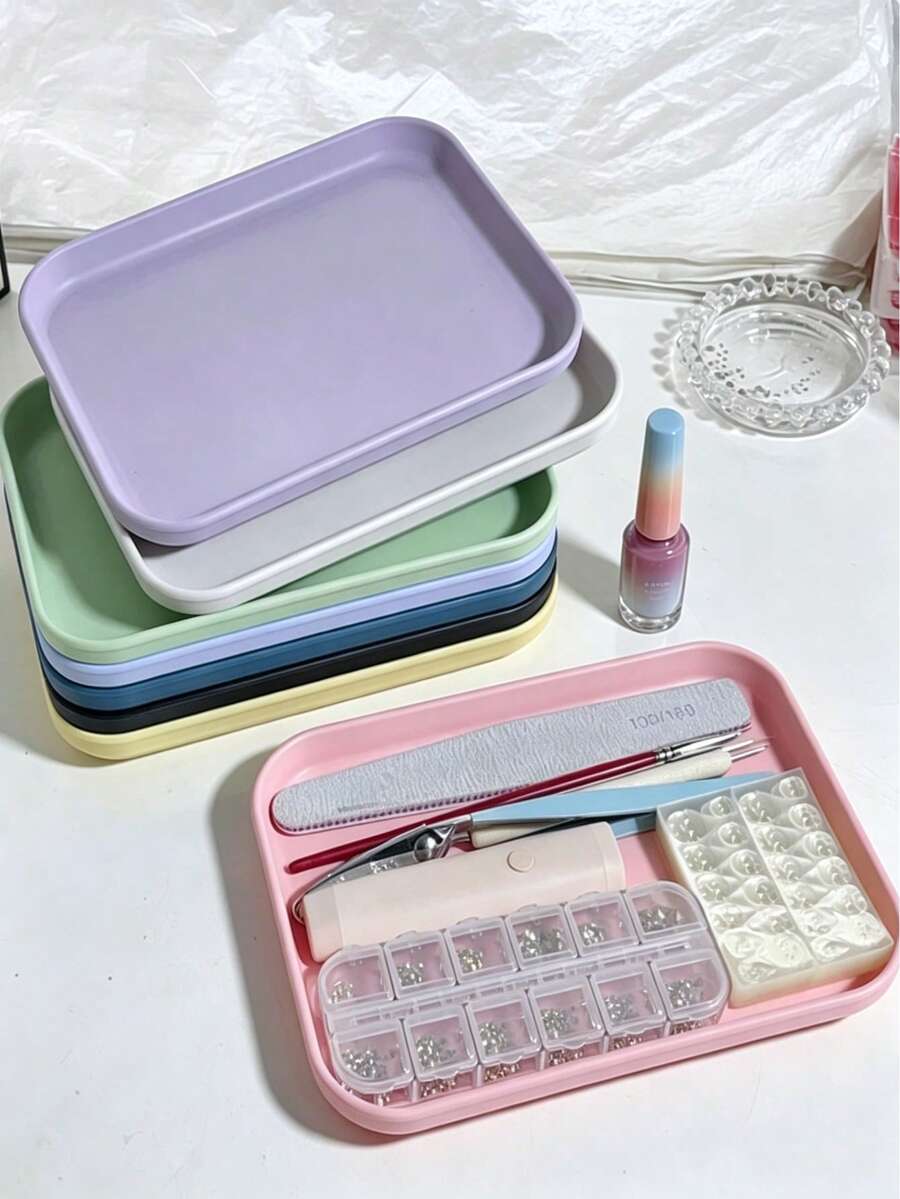 1pc Colorful Rectangular Nail Brush Storage Tray, Nail Tweezers & Pliers Tool Cleaning Soak Box, Nail Scissors Holder, Desktop Nail Polish Bottle Tray, Nail Cotton Pads And Nail File Storage Box - Multicolor - View 1