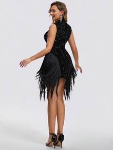Elegantes schwarzes Damen-Mini-Party-Cocktailkleid mit Stehkragen, Pailletten-Mesh-Einsätzen, asymmetrischem Design und Quasten, für Hochzeit und Herbst - Schwarz - Übersicht 8