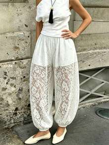 Elegant Commuter White Lace Cuffed Pants Summer - White - View 3