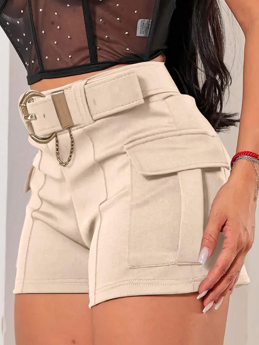 Retro-Style Fitted Shorts With Belt, Solid Color And Decorative Pockets - Apricot - View 1