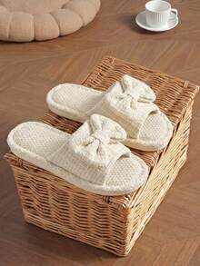 Linen All Season Indoor Slippers, Women's Absorbent & Quiet Summer Linen Slippers, Elegant Beige Bow Design - White - View 6