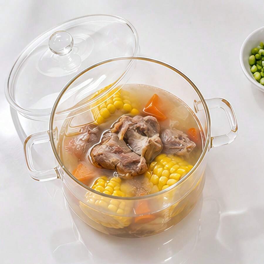 1pcs Glass Pot With Cover 3L/101oz Double Handle Transparent Pot Heat Resistant Glass Stewpot Soup Milk Congee Special Transparent Double Handle Glass Pot Cooking Pot With Cover Glass Cooker. - View 1