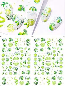 2pcs 3D Green Lime Slice Leaf & Floral Pattern Nail Stickers, Self-Adhesive Summer Tropical Nail Decals, Women's Nail Art Accessories - Multicolor - View 9