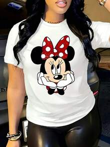 [Disney Official Licensed Product] Women's Casual Short-Sleeve Crew-Neck Printed T-Shirt. Crafted From Stylish Knit Fabric, This Tee Offers Exceptional Comfort For Everyday Wear. Featuring A Disney Parks Theme, It Showcases A Charming Print Of Minnie Mouse And Her Signature Bow. Designed With A Relaxed, Cartoon-Style Fit, It Is Perfect For Matching Couple And Family Outfits. Please Note: This Item Runs Small; If You Prefer A Looser Fit, We Recommend Ordering One Size Up. - White - View 1