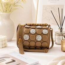 Borsa Boston da donna, borsa a cuscino con strass, borsa cilindrica con motivo a pois, borsa a mano retrò con chiusura a bottone, borsa a tracolla, borsa a spalla, borsa a tracolla per lavoro, ufficio, pendolarismo, borsa versatile per tutti i giorni - Bianco - Visualizzare 6