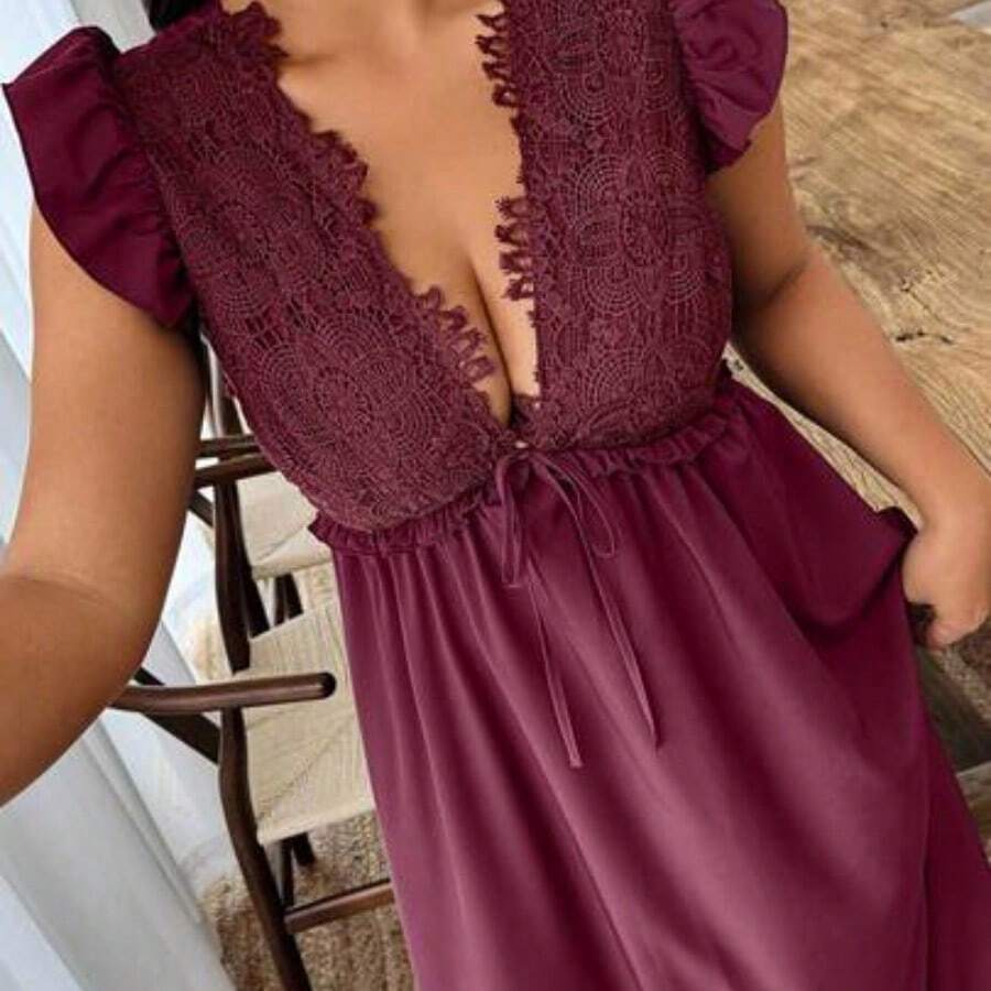 dahkjdgajy Weeklong Vestido casual de talla grande de unicolor con cuello en V y mangas cortas, de estilo minimalista - Burdeos - Ver 1