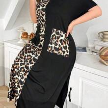 dagjydgfyja  Bata de dormir maxi holgada informal con cuello en V, manga corta, estampado de leopardo y bloque de color - Azul marino - Ver 2
