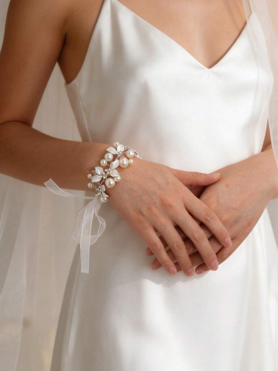 5件/1件 波希米亞優雅婚禮配件珍珠葉片緞帶手飾 - 查看 1