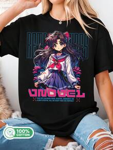 Cotton T-Shirt With A Childhood Friend Graphic In A Visual Novel Style, Unisex, Anime Style. Summer - Black - View 1