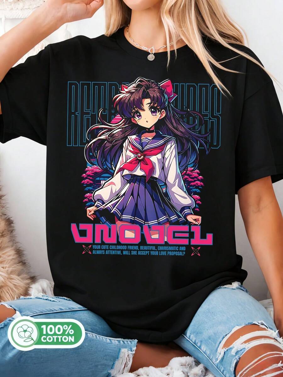 Cotton T-Shirt With A Childhood Friend Graphic In A Visual Novel Style, Unisex, Anime Style. Summer - Black - View 1