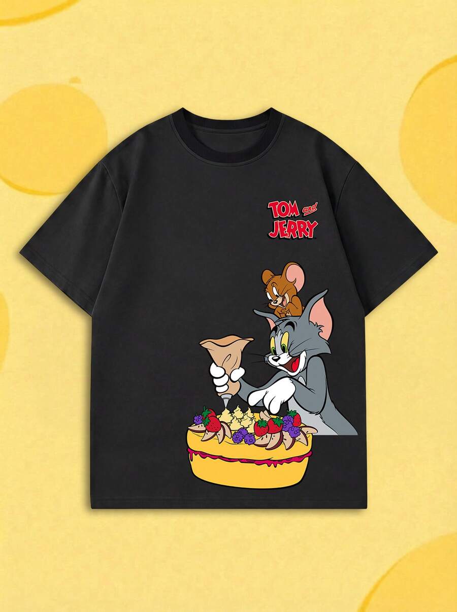 SHEIN X Tom & Jerry 夏季女款短袖T恤,經典卡通角色音樂主題趣味印花搭配品牌字母設計,休閒黑色 - 黑色 - 查看 1