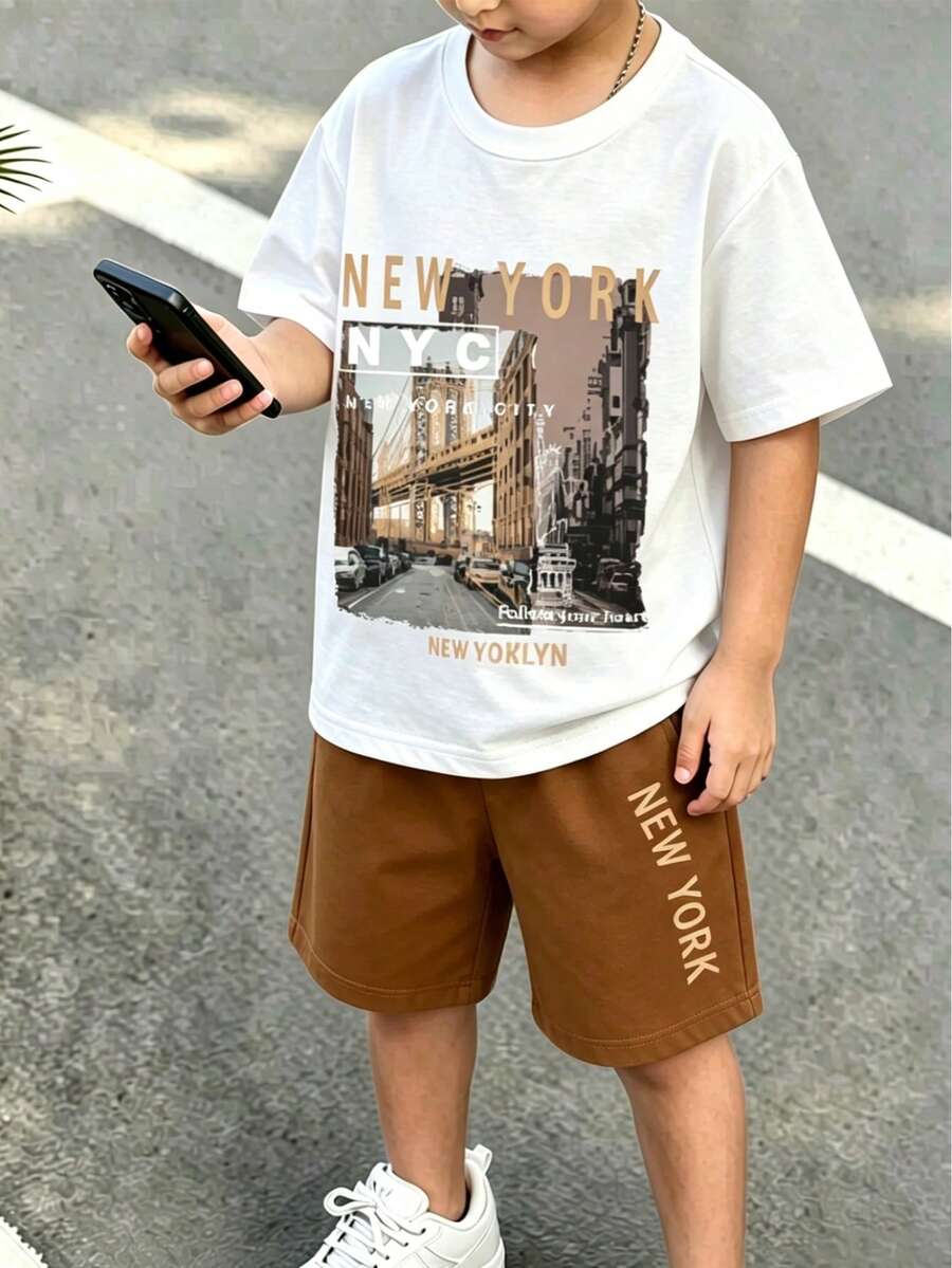 Young Boy Street Scene Print Short Sleeve T-Shirt And Letter Print Shorts Set - Yellow - View 1