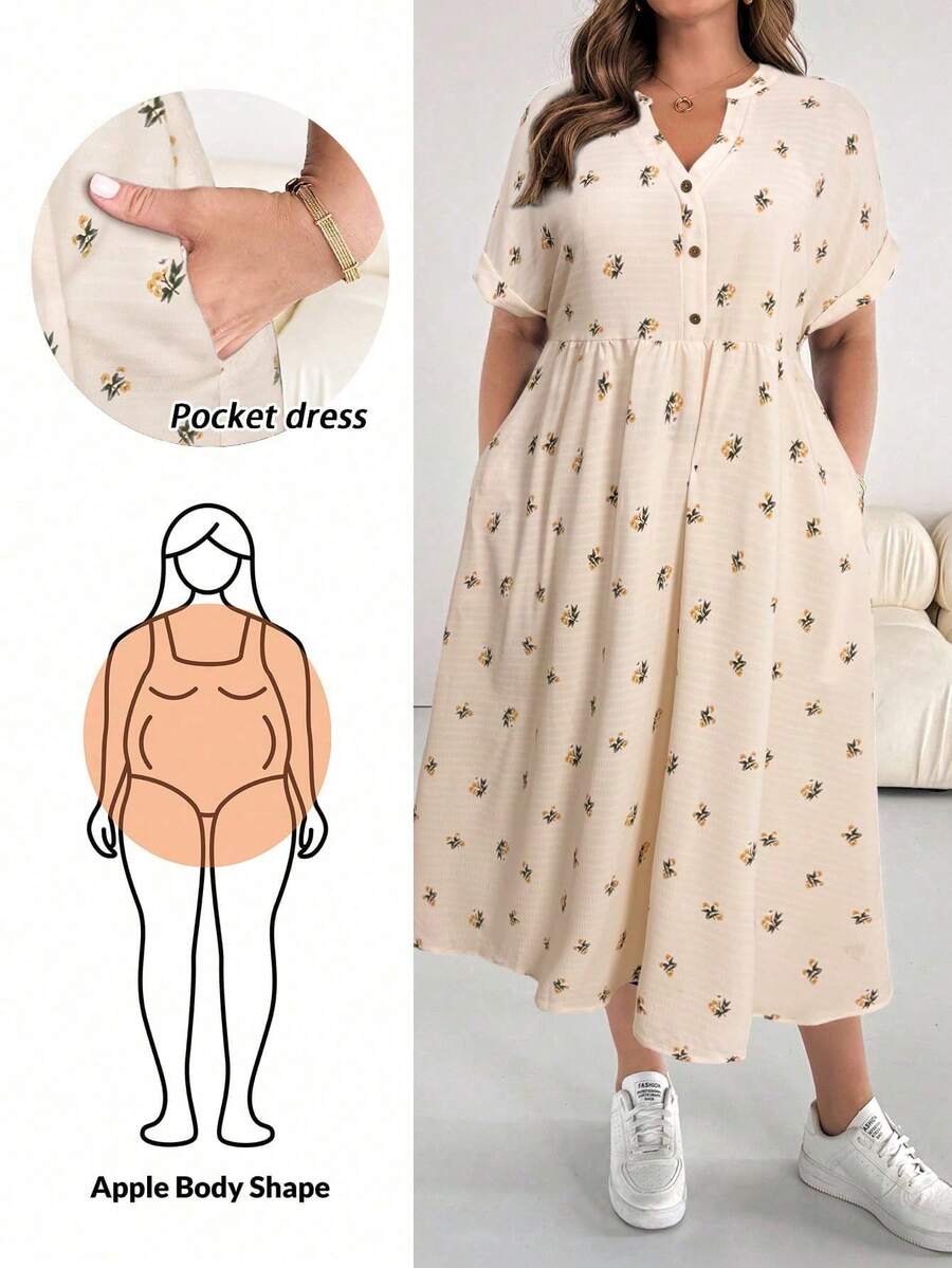 Vestido de manga corta de longitud media con cuello en V, de tela texturizada negra, suelto y cómodo, para uso diario, de moda casual para primavera y verano, con bolsillos, para mujeres de talla.Atuendos de verano para mujeres, vestido de trabajo, vestido negro curvilíneo, ropa de iglesia para mujeres. - Albaricoque 3 - Ver 1