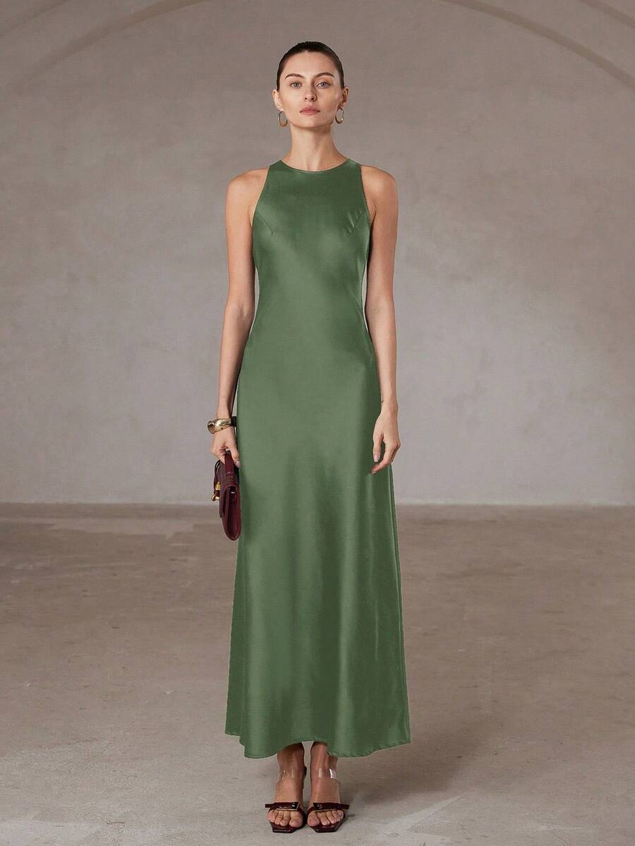 xheAveloria Modichic Vestido largo sin mangas de línea A para mujer, de estilo asimétrico y minimalista elegante, confeccionado en tela satinada doble cara, que es favorecedor y versátilxhe - Verde - Ver 1