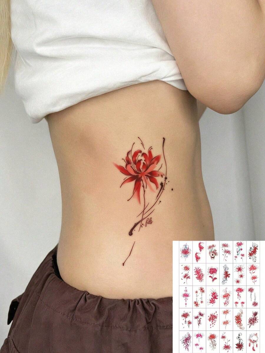 1pc Tattoo Sticker - Ink Splatter Red Pearl Lotus Pattern, Minimalist Vertical Design, Temporary Tattoo Sticker, Washable PVC Material, Waterproof And Sweatproof, Suitable For Hands, Arms, Waist, Abdomen, Back, Legs - Non-Reflective, Realistic Tattoo Design, Suitable For Travel, Music Festivals, Games, Graduation Gifts, Daily Use. Lasts 3-5 Days. - Multicolor - View 1