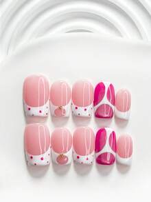 10入甜美波點風手工穿戴式美甲貼片組，Polygel 凝膠美甲，線條波點美甲裝飾，玫瑰粉與白色指甲油，鮮豔法式風格，附美甲工具(1張果凍貼+1個美甲挫)，3種尺寸可選，方形甲、短方形甲、杏仁甲，適合聚會、日常、派對、拍照、玩樂、春夏通勤美甲用品 - 彩色 - 查看 13