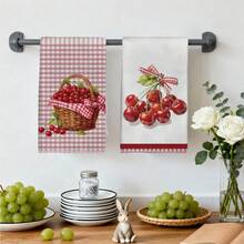 2PCS Kitchen Towels Red Plaid Cherry Pattern, 40*60cm Country Farm Style Rectangular Dishcloth, Tablecloth, Hand Towel, Kitchen Decor, Neighbor Housewarming Gift, Kitchen Napkin And Dishcloth, Home Decor Gift - Red - View 8