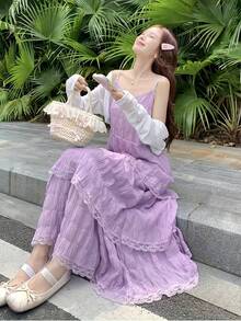 白色細肩帶女款夏季優雅V領蕾絲飾邊層次裙擺海灘度假寬鬆洋裝隨機圖案 - 紫色 - 查看 3