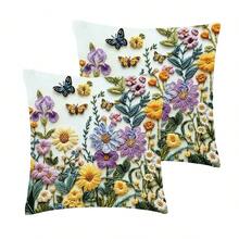 2入仿刺繡花卉蝴蝶抱枕套，2D平面印花仿刺繡，彩色雛菊與鳶尾花家居裝飾靠墊，法式鄉村風聚酯纖維材質拉鍊開合單面印花抱枕套，適用於臥室、客廳、沙發、床椅、農舍戶外露台裝飾 - 彩色 - 查看 3