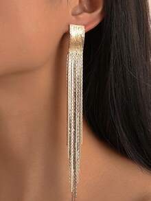 1 Pair Fashionable Geometric Tassel Earrings, Elegant Long Stylish Earrings For Women, Unique Niche Design - Gold - View 1
