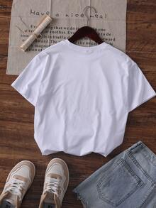 Camiseta Blanca Casual de Manga Corta con Cuello Redondo y Hombros Caídos para Mujer con Estampado de Limones - Blanco 1 - Ver 4