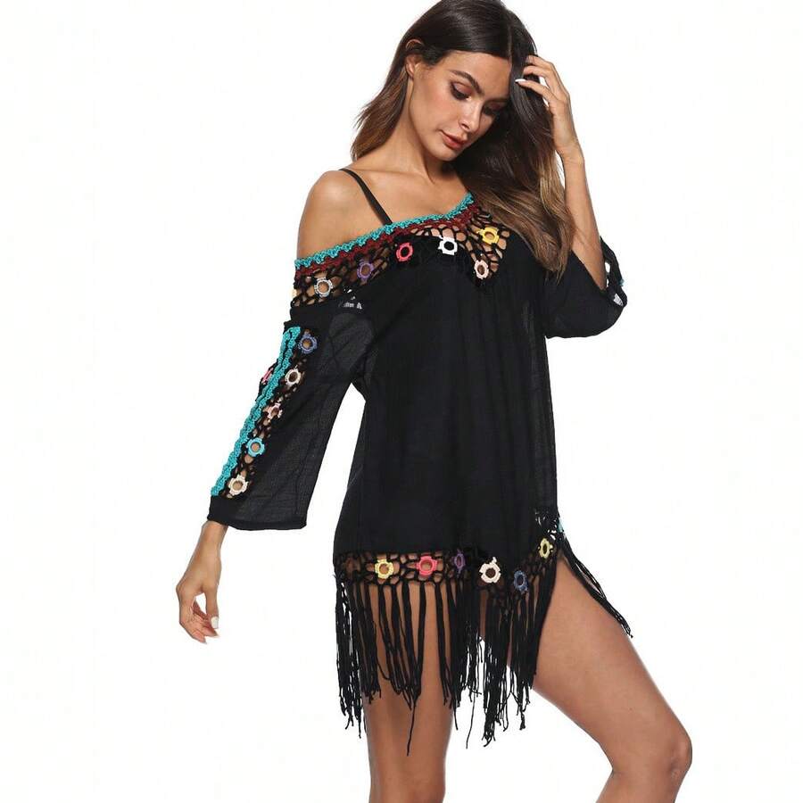 Hand-Crocheted Rainbow-Colored Ringed Bikini With Tassels, Beach Skirt, Beach Cover-Up - Black - View 1