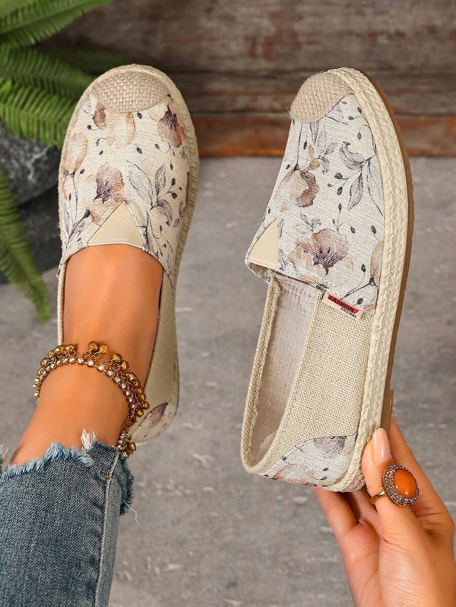 Zapatillas casuales de mujer para primavera/otoño, con estampado floral en la parte superior, diseño de punta tejida, estilo slip-on de corte bajo y retro, adecuadas para el campus y el uso diario