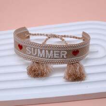 1pc Pulseira Criativa Bordada "SUMMER" Feita à Mão Tecida Estilo Boémio de Praia e Viagem, Adequada para Amigos, Família, Estudantes, Festivais, Festas, Viagens - Caqui - Ver 3