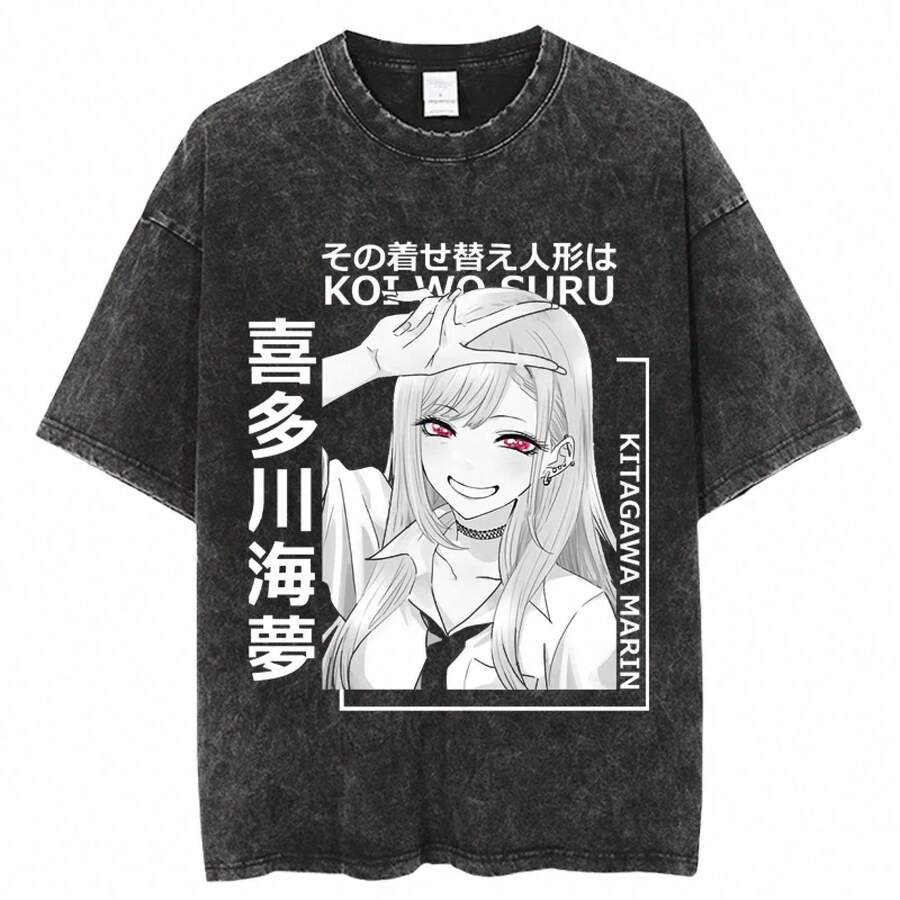 My Dress Up Darling Anime Print T-Shirt For Men And Women, High Quality Washed Cotton T-Shirts, Harajuku Casual Tees - 白色 - 查看 1