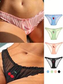 4 PCS, Mesh Ruffled Bikini Briefs, Breathable And Embroidered Ruffled Stretch Underwear, Low-Waist Sexy Underwear, Women's Lingerie & Underwear - 彩色 - 查看 2