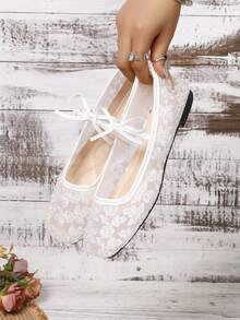 Spring/Summer Breathable Shallow Square Toe Bow Flat Shoes, Daily Commute Versatile Fairy Shoes, Mesh Embroidery Mary Jane Shoes For Women - White - View 2