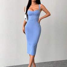 LunaCass8  PETITE Vestido midi ajustado y entallado con parte trasera dividida, copa de busto y cadera azul - Azul - Ver 6