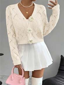 [Floral Crochet Cardigan] Spring 2026 Spring/Summer Women's Handcrafted 3D Floral Embellishment Western Fashion Elegant Solid Lace Crochet Cardigan Top Jacket Women's, Suitable For Daily Wear And Commuting, Spring Outing, All Seasons, Versatile Style - Màu be - Xem 4