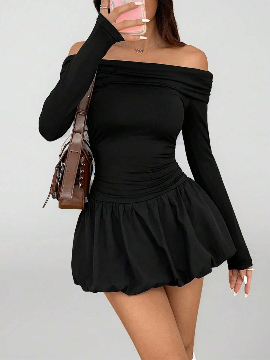 PETITE Vestido corto de manga larga y un solo hombro con volantes en el bajo para primavera y otoño - Negro - Ver 1