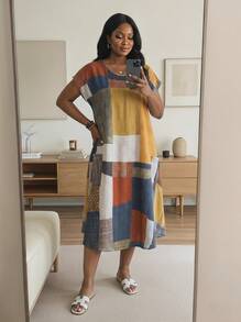 SHEIN Lady CURVE Plus Size Colorblock Print Casual Vacation Dress\Summer Summer Dress Summer Outfits Summer Clothes Spring Dress Spring Outfit Women Spring Elegant - Multicolor - View 4