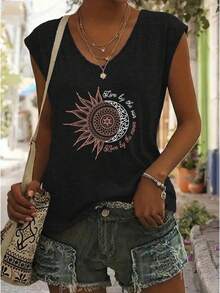 3pcs/Set Women's Fashion Printed V-Neck T-Shirts, Spring/Summer New Loose Casual Base Layer Tops - Suitable For Daily Wear And Home - Rouge Red + Light Brown + Black - View 4