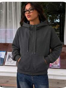 SHEI Women's Zip-Up Sweatshirt With Long Sleeves And Pocket, Casual Minimalist Style, Ideal For Graduation, Back To School, Teacher's Clothing, Fall/Winter Back To School - 深灰色 - 查看 2