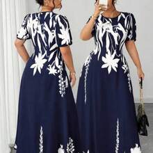 LunaCass8  Vestido midi de línea A con cintura ceñida, elegante y favorecedora para mujer talla grande, ideal para uso diario y para ir al trabajo - Azul marino - Ver 1