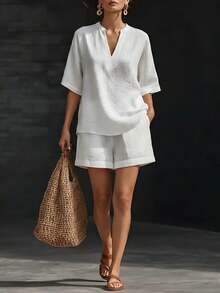 Women's Two-Piece Linen Set With Half-Button Top And Elastic Waist Shorts - White - View 1