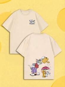 SHEIN X Tom & Jerry 夏季女款短袖T恤，女孩約會、街拍、夏季購物、校園出遊、度假休閒休閒風 - 杏色 - 查看 2