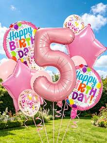 13pcs Light Pink Number Foil Balloons Set, Includes "Happy Birthday" Round And Star Foil Balloons And Confetti Latex Balloons, Sweet Girly Style Decoration, Suitable For Baby Girl Birthday, Baby Shower Or Birthday Photo Backdrop - View 3