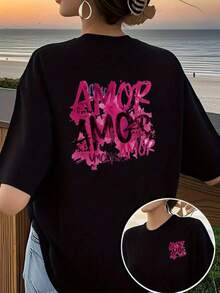 Women's 100% Cotton T-Shirts 2026 AMOR "Call Of Love" Print Front And Back T-Shirt, Casual Short-Sleeved Round Neck Top For Women, - 黑色 - 查看 1
