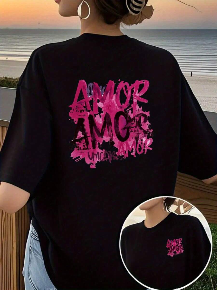 Women's 100% Cotton T-Shirts 2026 AMOR "Call Of Love" Print Front And Back T-Shirt, Casual Short-Sleeved Round Neck Top For Women, - 黑色 - 查看 1
