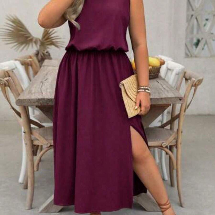 Nana's Women's Clothing Store Vestido casual de cuello redondo con estampado floral diminuto y dobladillo dividido, talla grande - Morado - Ver 1