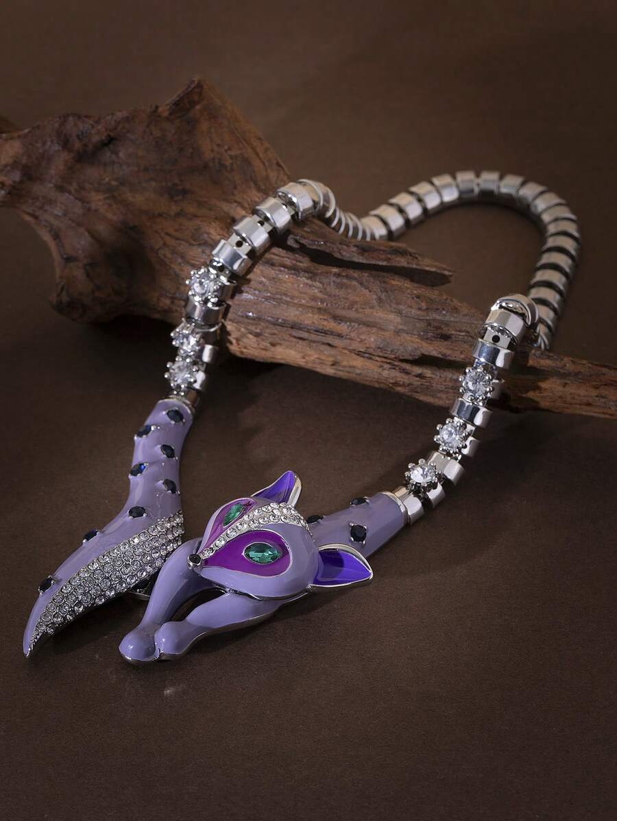 1pc Niche Personalized Enamel Rhinestone Fox Collarbone Necklace For Women, Eye-Catching Accessory For Daily Commute And Dating